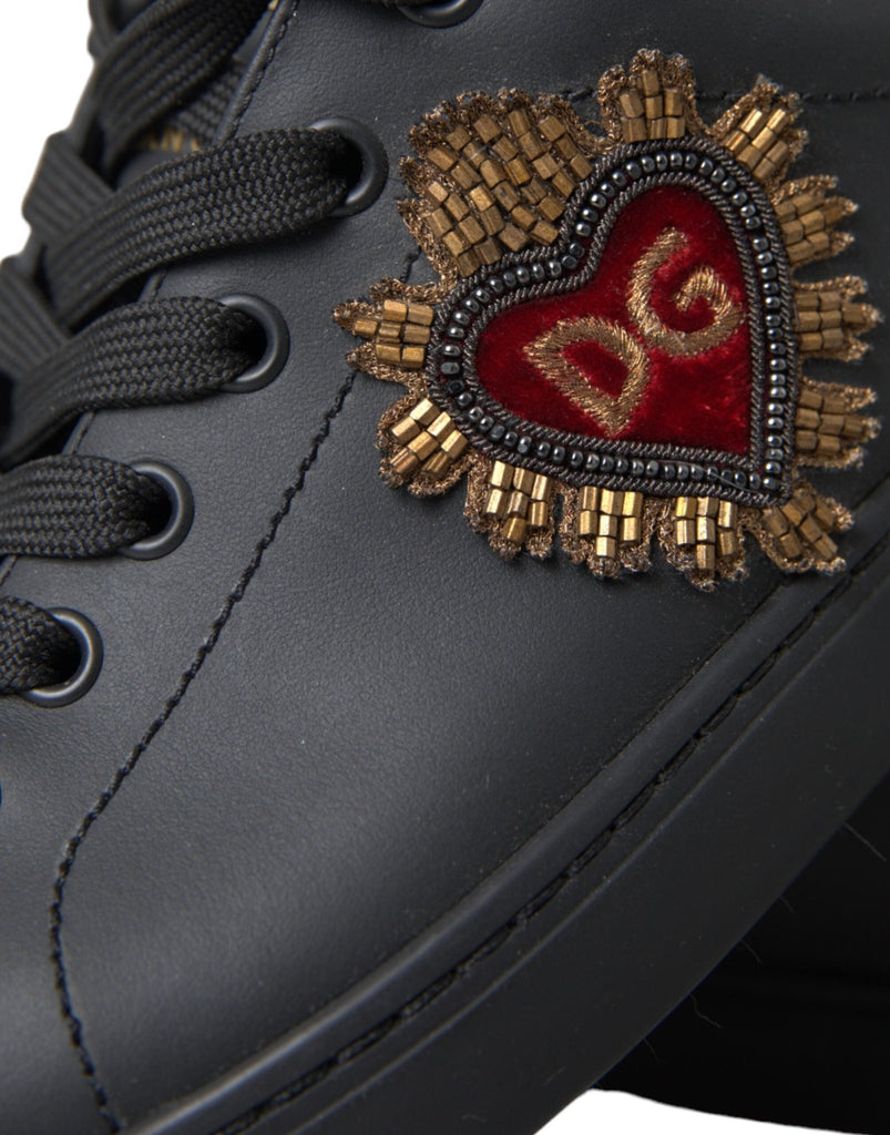 Dolce & Gabbana Black Leather Heart Embellished Sneakers Shoes - Beyzy Store - Dolce & Gabbana