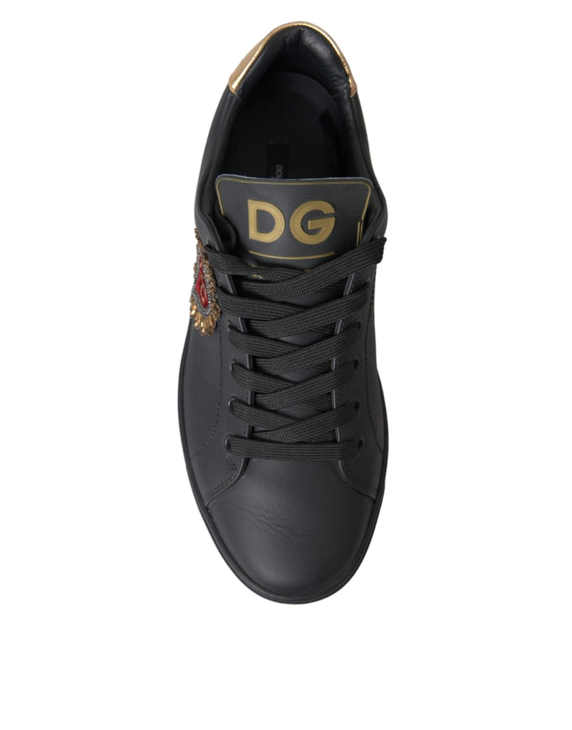 Dolce & Gabbana Black Leather Heart Embellished Sneakers Shoes - Beyzy Store - Dolce & Gabbana