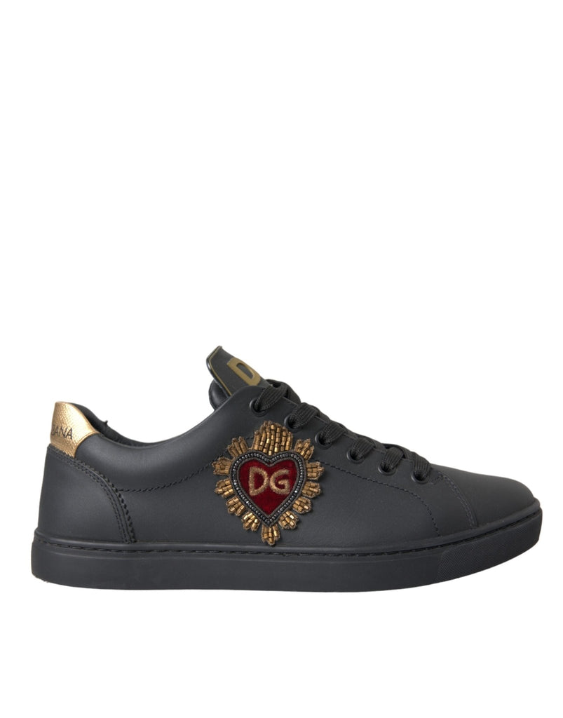Dolce & Gabbana Black Leather Heart Embellished Sneakers Shoes - Beyzy Store - Dolce & Gabbana
