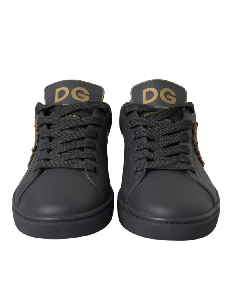 Dolce & Gabbana Black Leather Heart Embellished Sneakers Shoes - Beyzy Store - Dolce & Gabbana