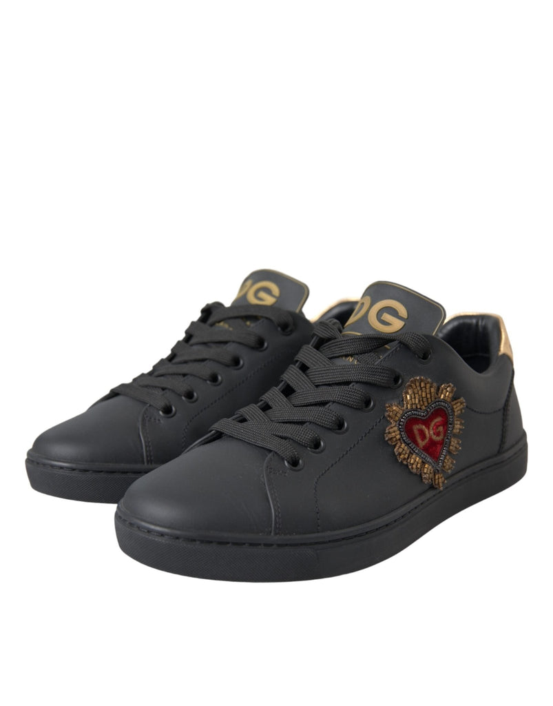 Dolce & Gabbana Black Leather Heart Embellished Sneakers Shoes - Beyzy Store - Dolce & Gabbana