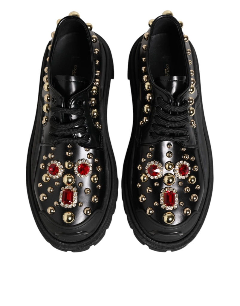 Dolce & Gabbana Black Leather Jeweled Crystals Derby Shoes - Beyzy Store - Dolce & Gabbana