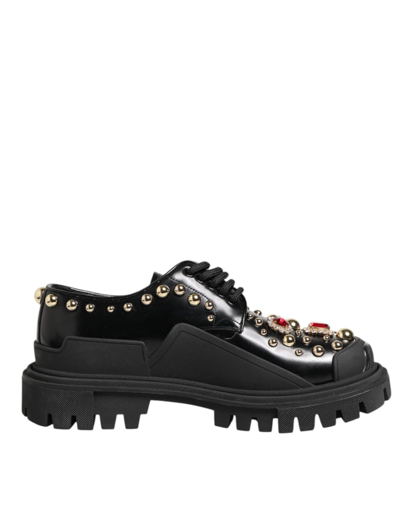 Dolce & Gabbana Black Leather Jeweled Crystals Derby Shoes - Beyzy Store - Dolce & Gabbana