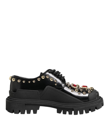 Dolce & Gabbana Black Leather Jeweled Crystals Derby Shoes - Beyzy Store - Dolce & Gabbana