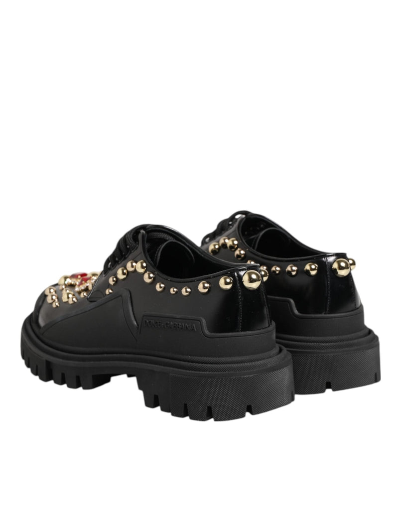 Dolce & Gabbana Black Leather Jeweled Crystals Derby Shoes - Beyzy Store - Dolce & Gabbana