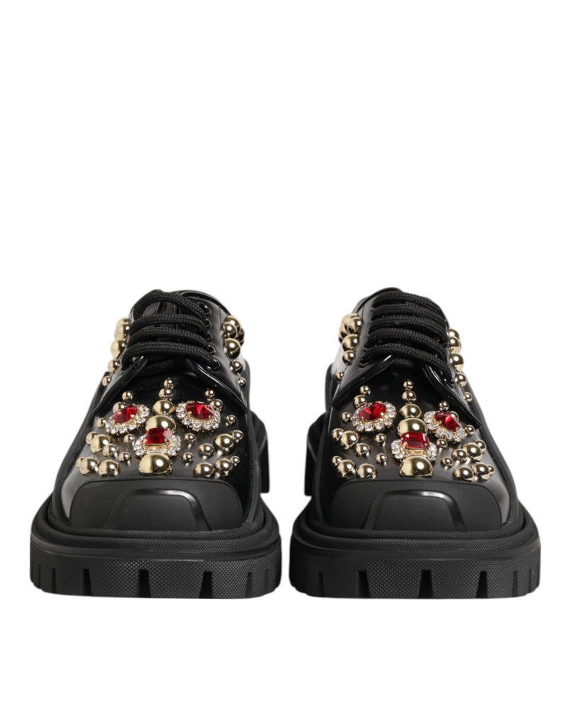 Dolce & Gabbana Black Leather Jeweled Crystals Derby Shoes - Beyzy Store - Dolce & Gabbana