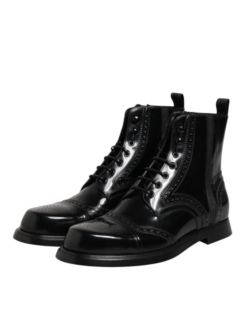 Dolce & Gabbana Black Leather Lace Up Mid Calf Boots Shoes - Beyzy Store - Dolce & Gabbana