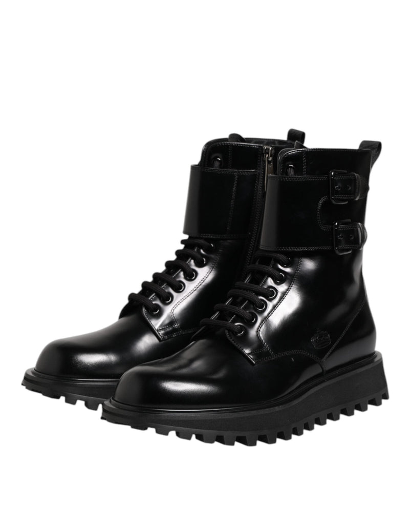 Dolce & Gabbana Black Leather Lace Up Mid Calf Boots Shoes - Beyzy Store - Dolce & Gabbana