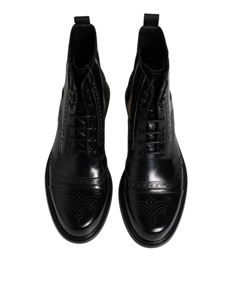 Dolce & Gabbana Black Leather Lace Up Mid Calf Boots Shoes - Beyzy Store - Dolce & Gabbana