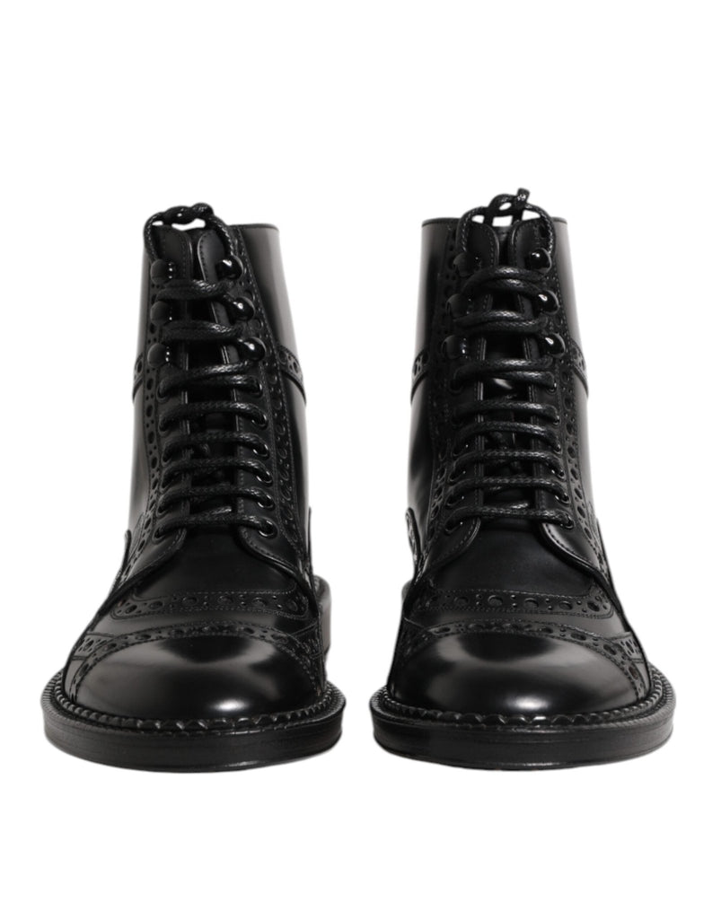Dolce & Gabbana Black Leather Lace Up Mid Calf Boots Shoes - Beyzy Store - Dolce & Gabbana