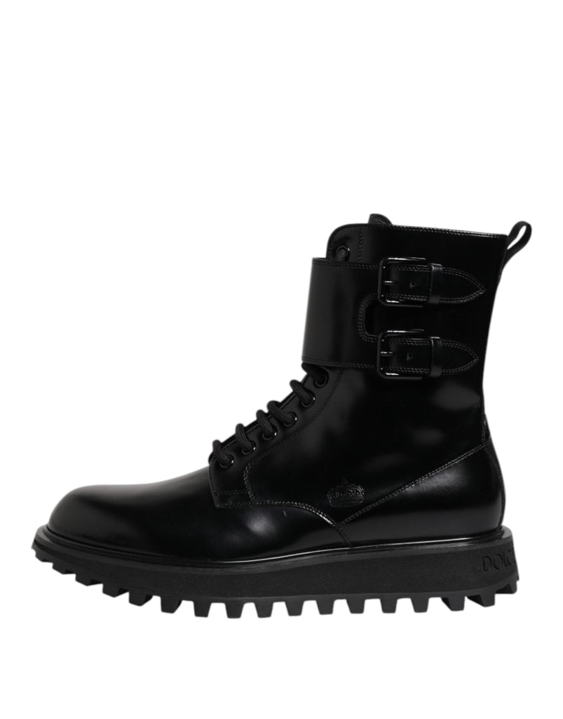 Dolce & Gabbana Black Leather Lace Up Mid Calf Boots Shoes - Beyzy Store - Dolce & Gabbana