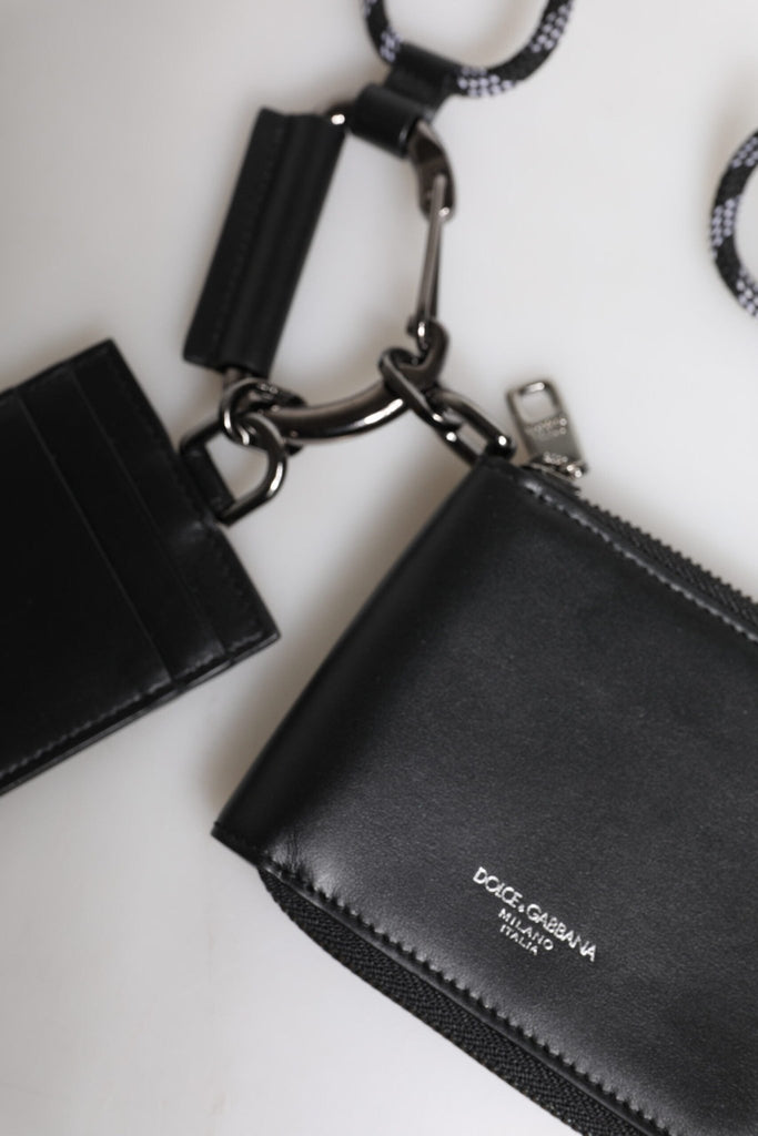 Dolce & Gabbana Black Leather Lanyard Zip Around Card Holder Wallet - Beyzy Store - Dolce & Gabbana