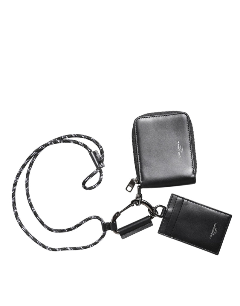 Dolce & Gabbana Black Leather Lanyard Zip Around Card Holder Wallet - Beyzy Store - Dolce & Gabbana