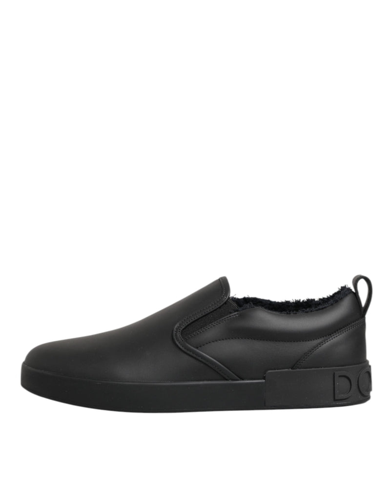 Dolce & Gabbana Black Leather Low Top Slip On Sneakers Shoes - Beyzy Store - Dolce & Gabbana