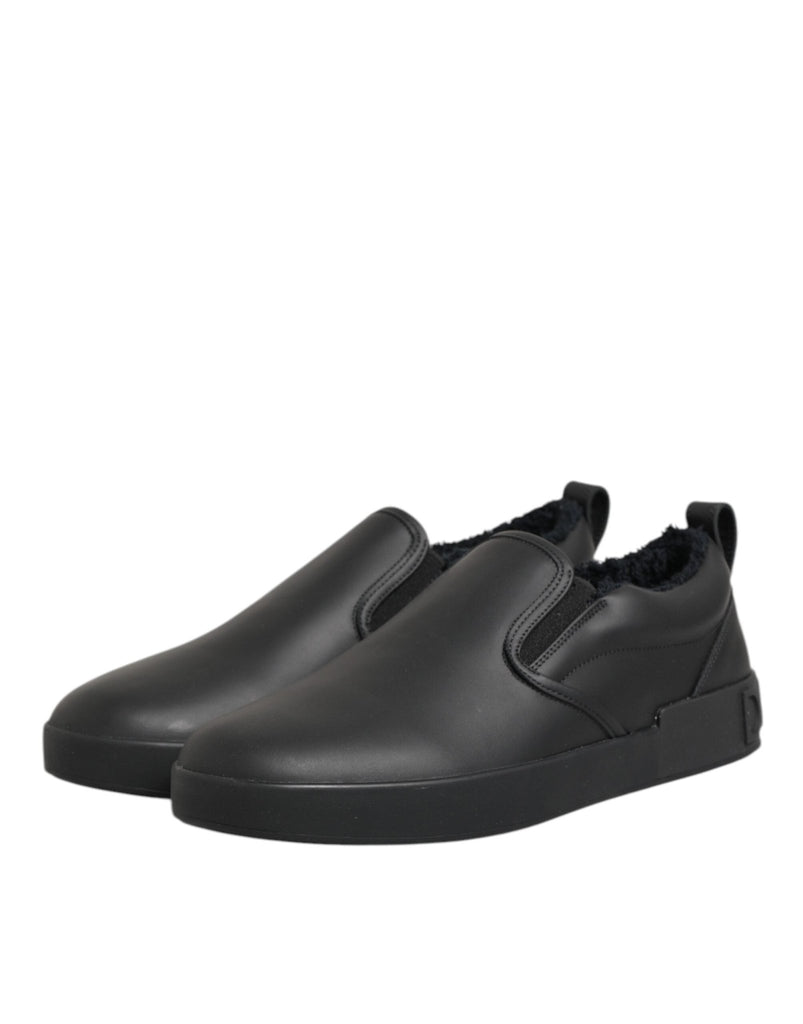 Dolce & Gabbana Black Leather Low Top Slip On Sneakers Shoes - Beyzy Store - Dolce & Gabbana