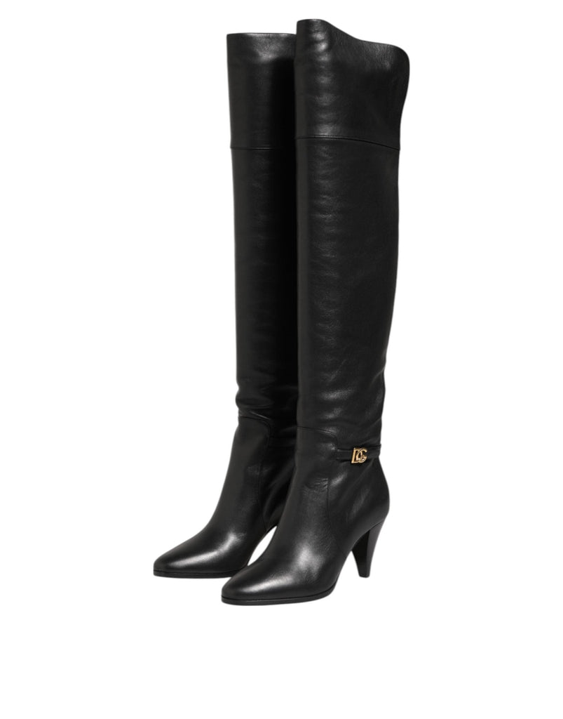 Dolce & Gabbana Black Leather Over - The - Knee DG Boots Shoes - Beyzy Store - Dolce & Gabbana