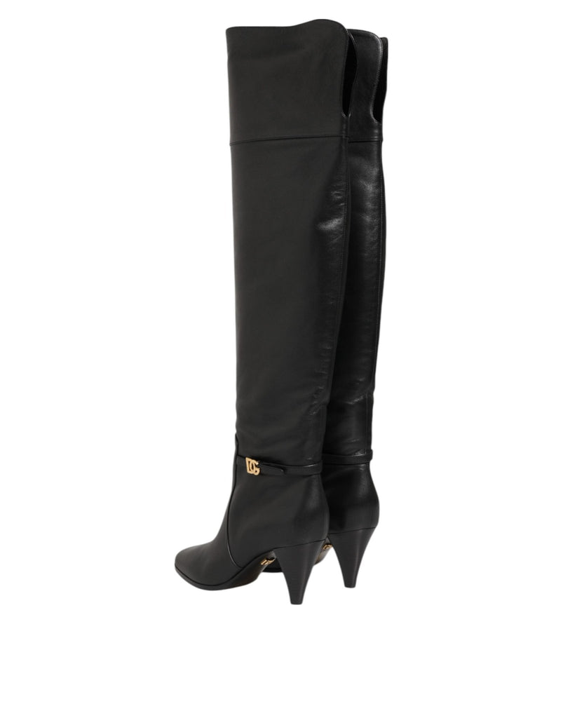 Dolce & Gabbana Black Leather Over - The - Knee DG Boots Shoes - Beyzy Store - Dolce & Gabbana