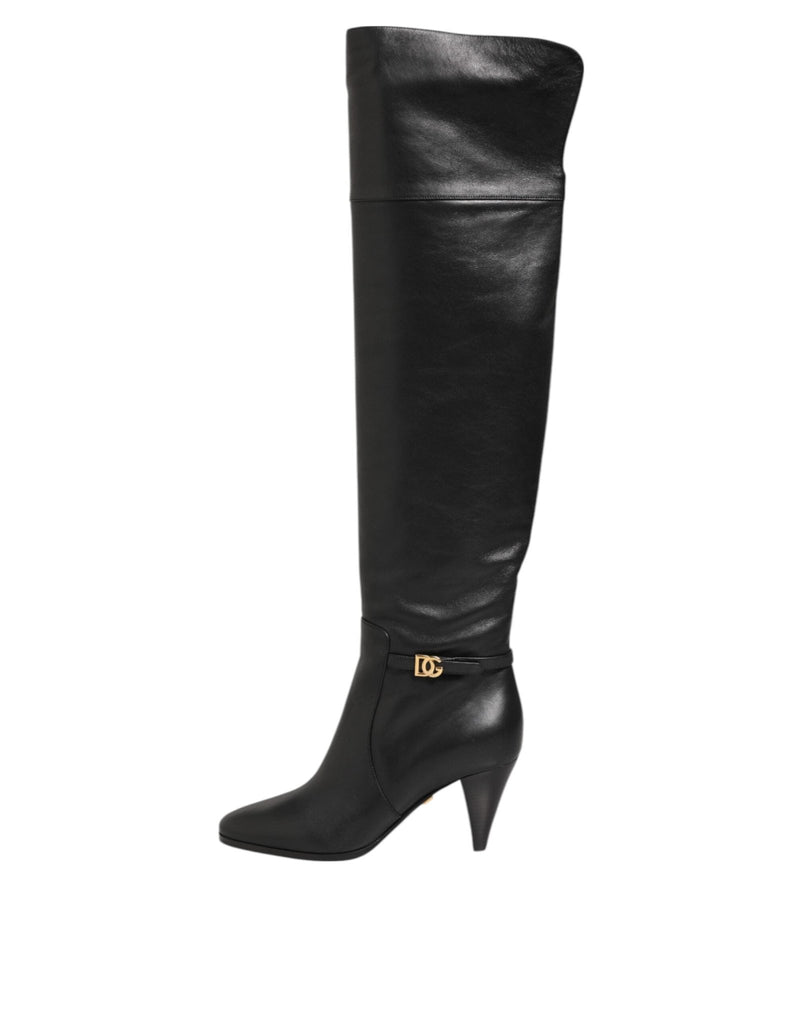 Dolce & Gabbana Black Leather Over - The - Knee DG Boots Shoes - Beyzy Store - Dolce & Gabbana