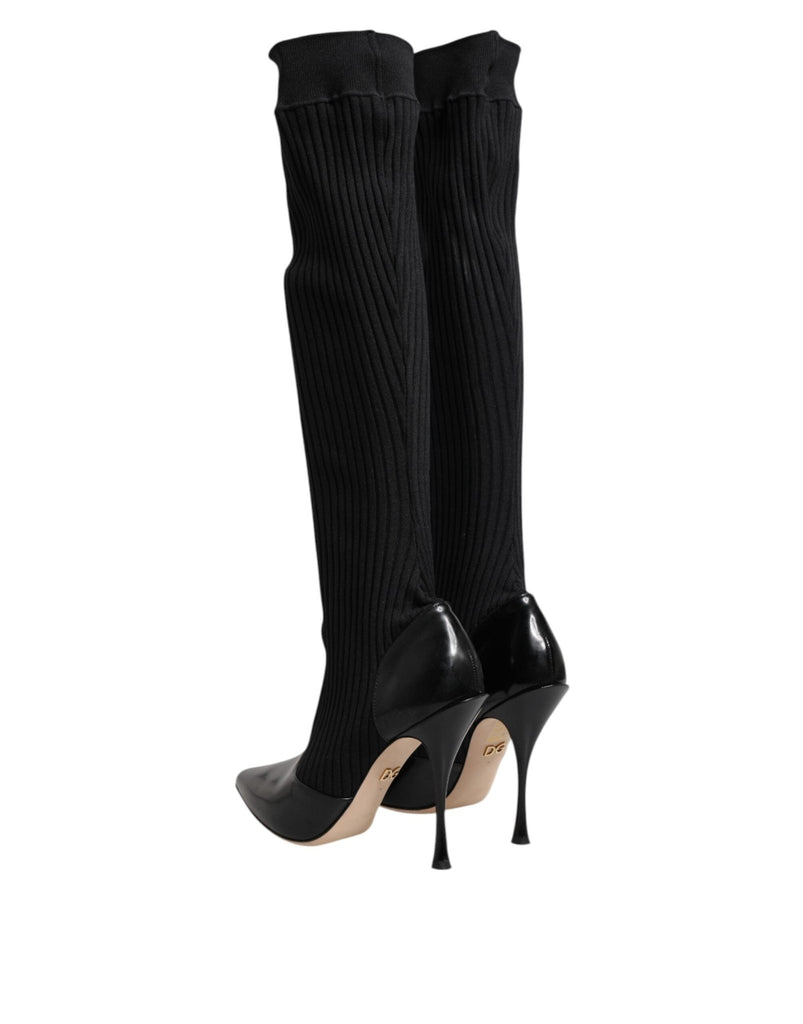 Dolce & Gabbana Black Leather Ribbed Knit Knee Boots Shoes - Beyzy Store - Dolce & Gabbana