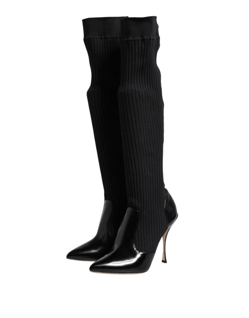 Dolce & Gabbana Black Leather Ribbed Knit Knee Boots Shoes - Beyzy Store - Dolce & Gabbana