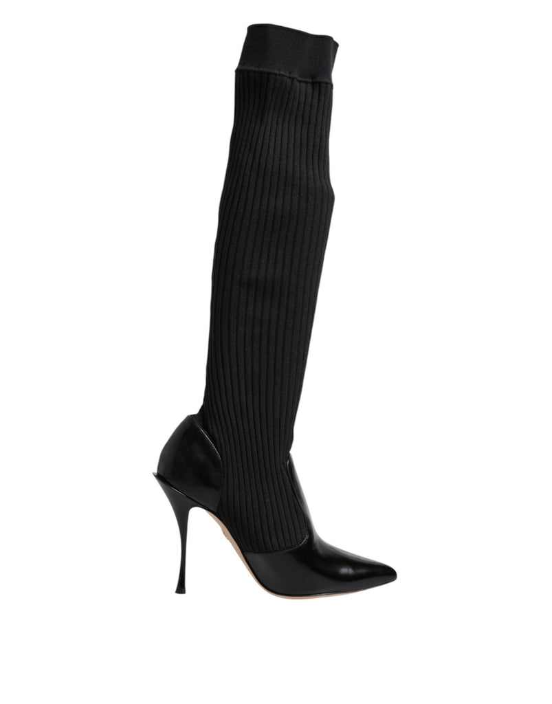 Dolce & Gabbana Black Leather Ribbed Knit Knee Boots Shoes - Beyzy Store - Dolce & Gabbana
