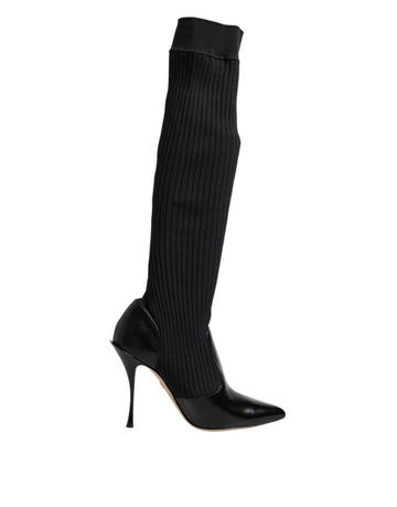 Dolce & Gabbana Black Leather Ribbed Knit Knee Boots Shoes - Beyzy Store - Dolce & Gabbana