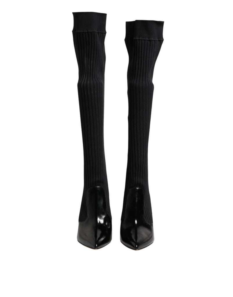 Dolce & Gabbana Black Leather Ribbed Knit Knee Boots Shoes - Beyzy Store - Dolce & Gabbana
