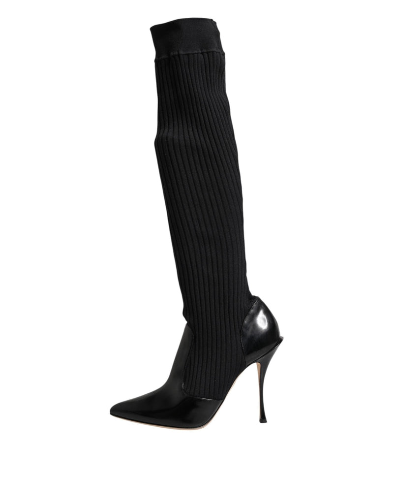 Dolce & Gabbana Black Leather Ribbed Knit Knee Boots Shoes - Beyzy Store - Dolce & Gabbana