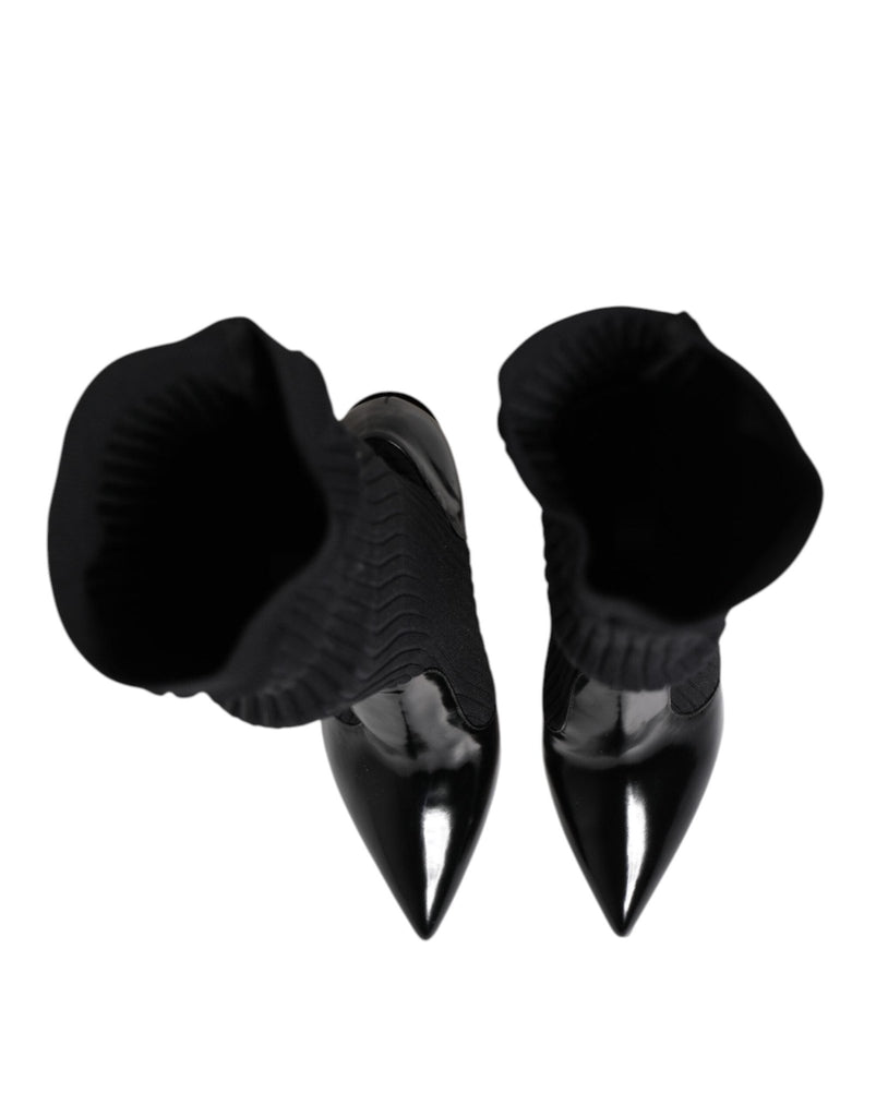 Dolce & Gabbana Black Leather Ribbed Knit Knee Boots Shoes - Beyzy Store - Dolce & Gabbana