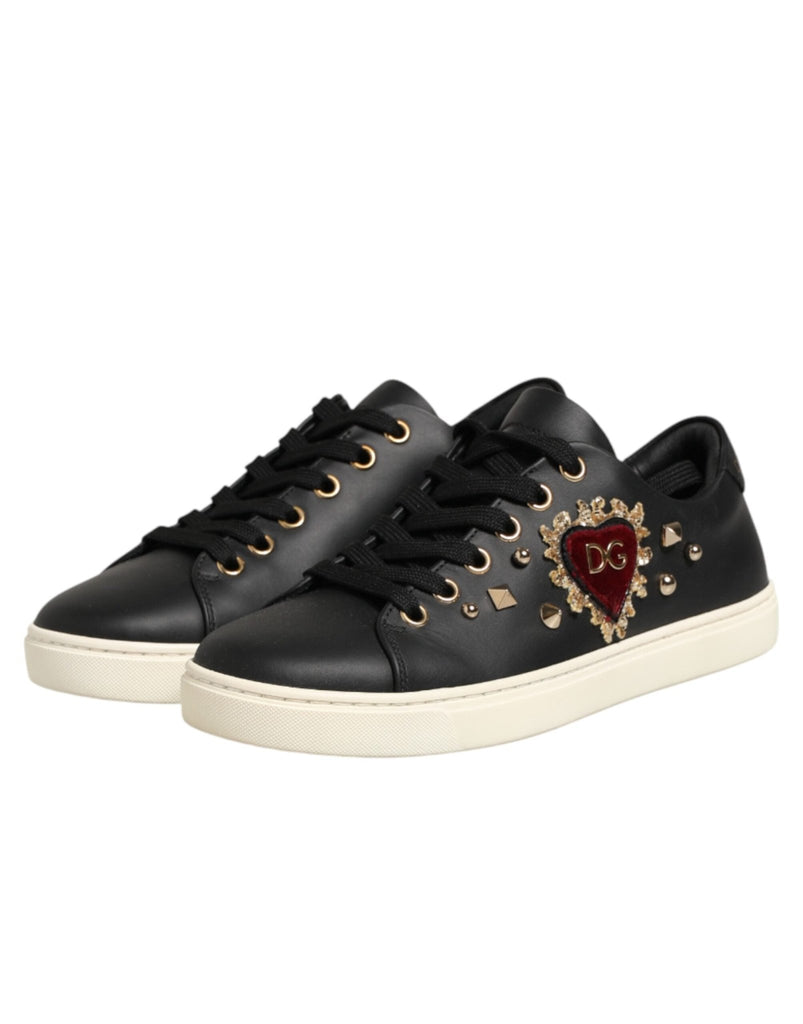 Dolce & Gabbana Black Leather Sacred Heart Sneakers Shoes - Beyzy Store - Dolce & Gabbana