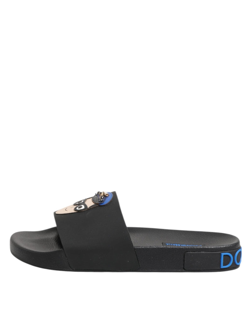 Dolce & Gabbana Black Leather Slides Flats Beachwear Shoes - Beyzy Store - Dolce & Gabbana