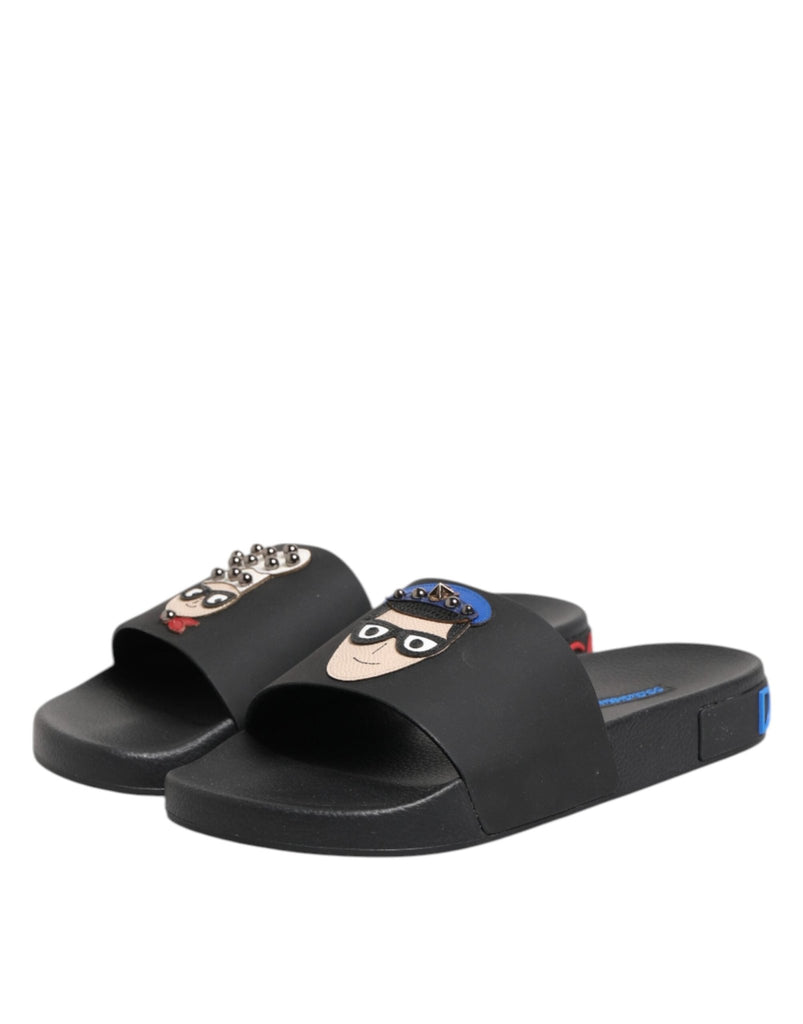 Dolce & Gabbana Black Leather Slides Flats Beachwear Shoes - Beyzy Store - Dolce & Gabbana
