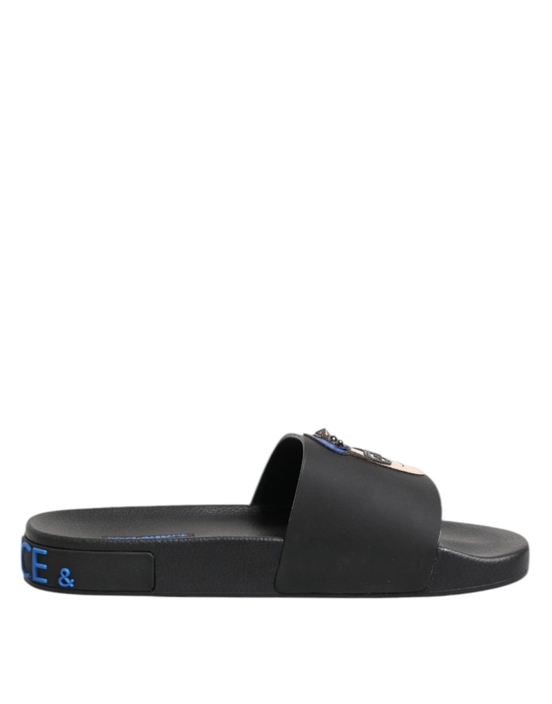 Dolce & Gabbana Black Leather Slides Flats Beachwear Shoes - Beyzy Store - Dolce & Gabbana