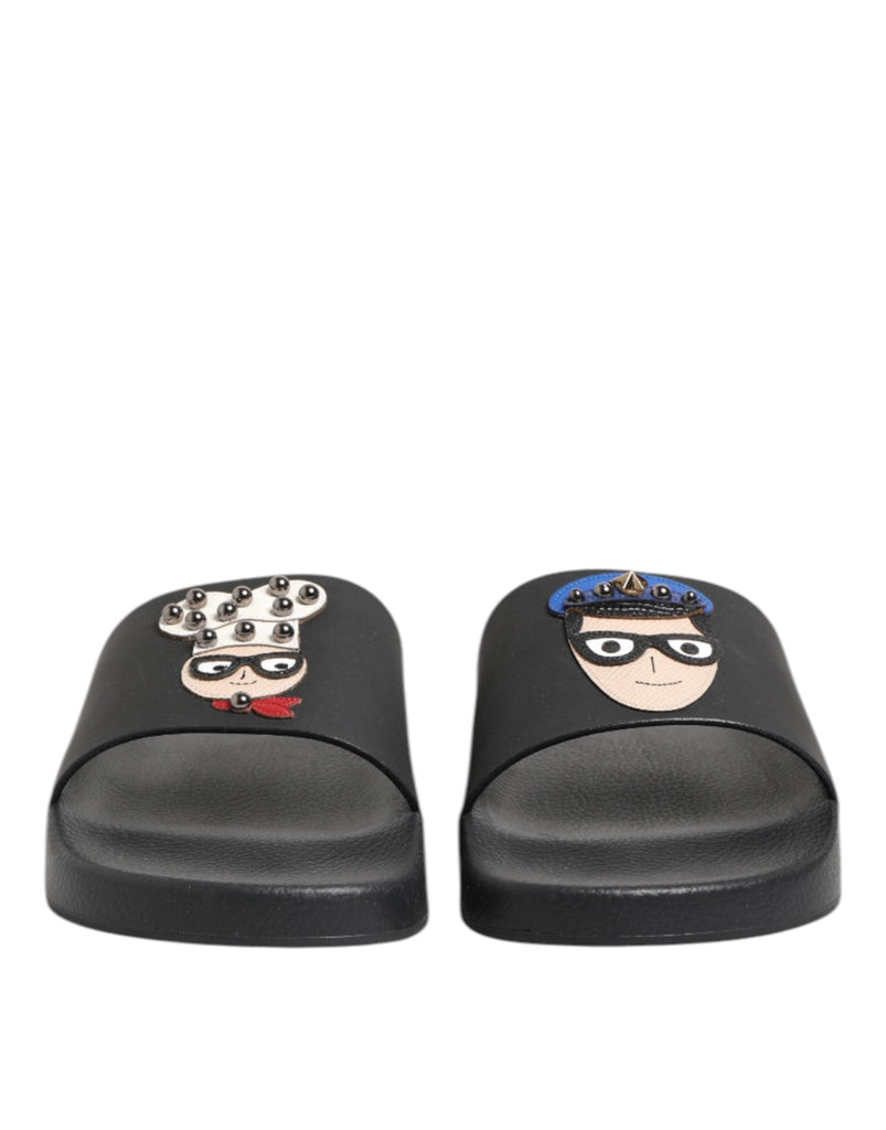 Dolce & Gabbana Black Leather Slides Flats Beachwear Shoes - Beyzy Store - Dolce & Gabbana