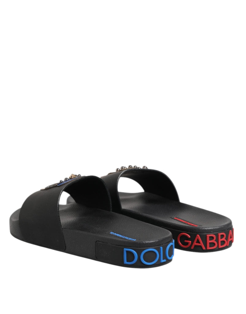 Dolce & Gabbana Black Leather Slides Flats Beachwear Shoes - Beyzy Store - Dolce & Gabbana