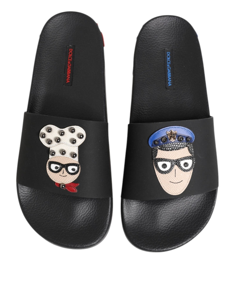 Dolce & Gabbana Black Leather Slides Flats Beachwear Shoes - Beyzy Store - Dolce & Gabbana