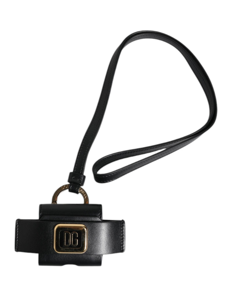 Dolce & Gabbana Black Leather Strap Gold Metal Logo Plaque Airpods Case - Beyzy Store - Dolce & Gabbana