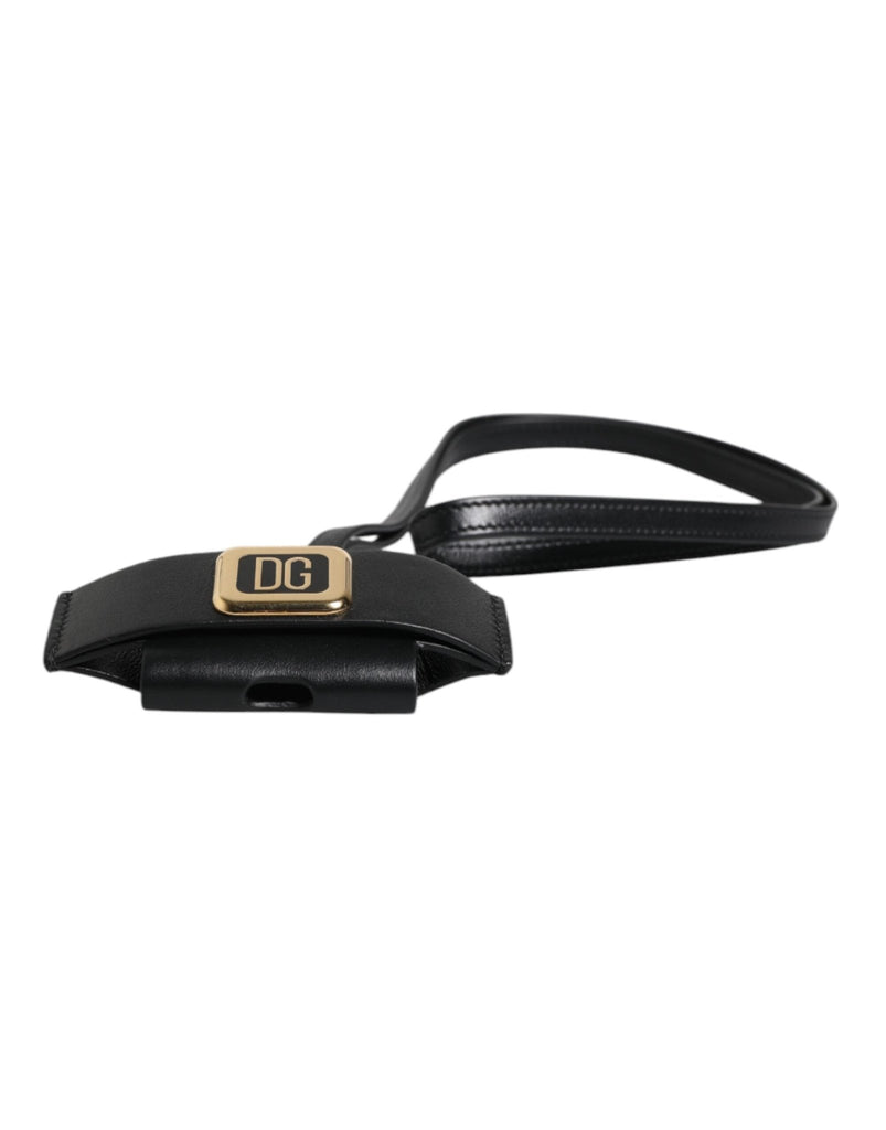 Dolce & Gabbana Black Leather Strap Gold Metal Logo Plaque Airpods Case - Beyzy Store - Dolce & Gabbana