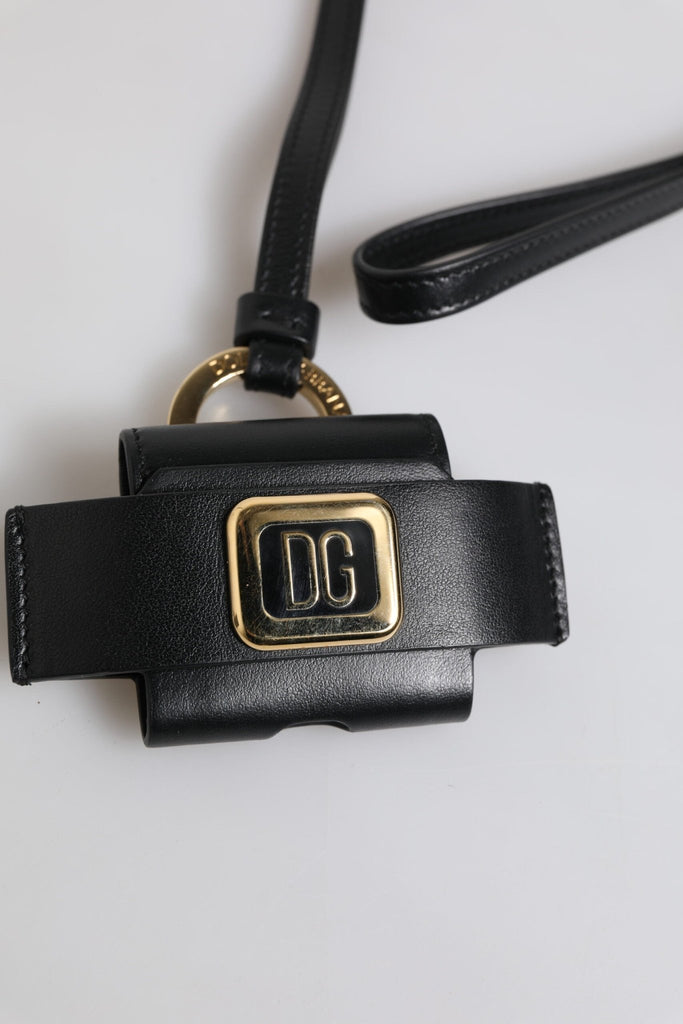 Dolce & Gabbana Black Leather Strap Gold Metal Logo Plaque Airpods Case - Beyzy Store - Dolce & Gabbana