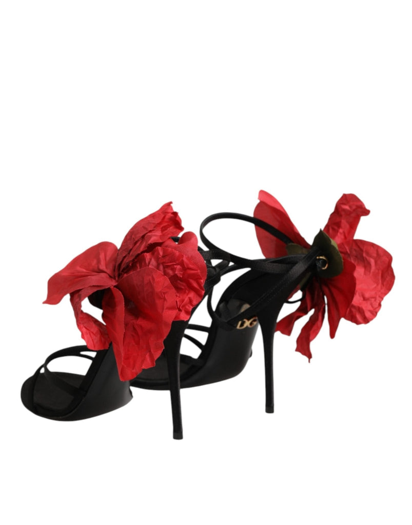 Dolce & Gabbana Black Leather Strappy Flower Heels Sandals Shoes - Beyzy Store - Dolce & Gabbana