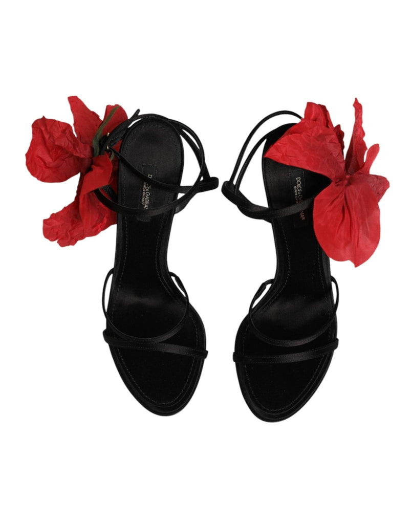 Dolce & Gabbana Black Leather Strappy Flower Heels Sandals Shoes - Beyzy Store - Dolce & Gabbana