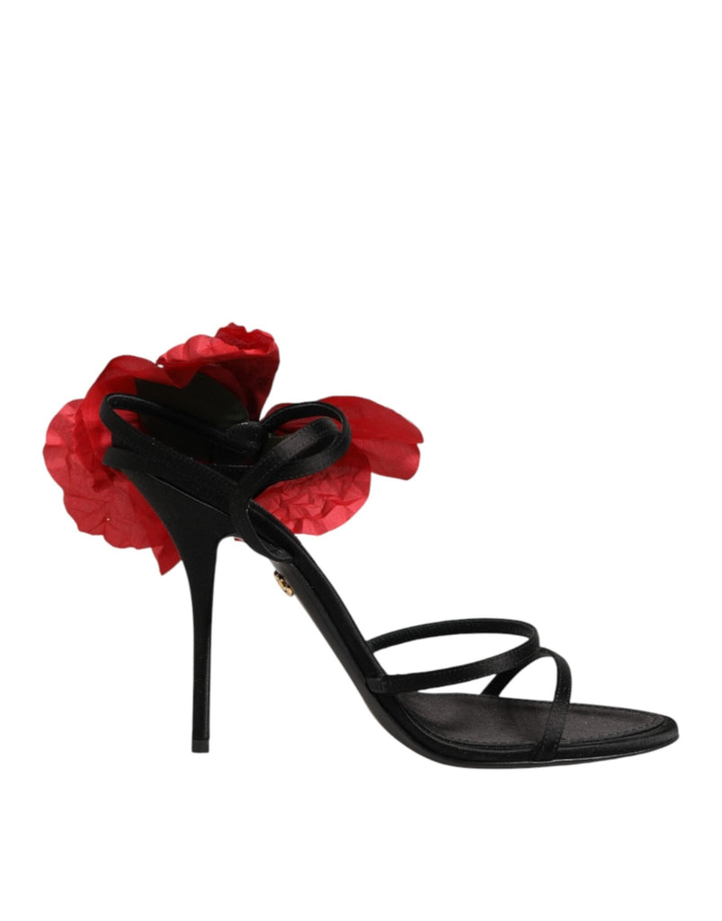 Dolce & Gabbana Black Leather Strappy Flower Heels Sandals Shoes - Beyzy Store - Dolce & Gabbana