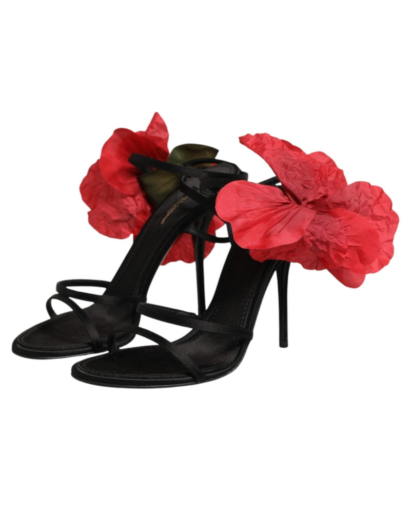 Dolce & Gabbana Black Leather Strappy Flower Heels Sandals Shoes - Beyzy Store - Dolce & Gabbana