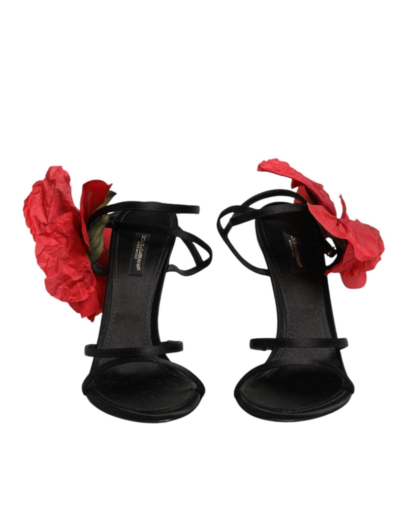 Dolce & Gabbana Black Leather Strappy Flower Heels Sandals Shoes - Beyzy Store - Dolce & Gabbana