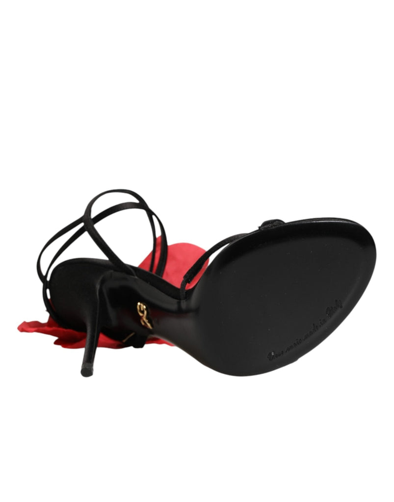 Dolce & Gabbana Black Leather Strappy Flower Heels Sandals Shoes - Beyzy Store - Dolce & Gabbana