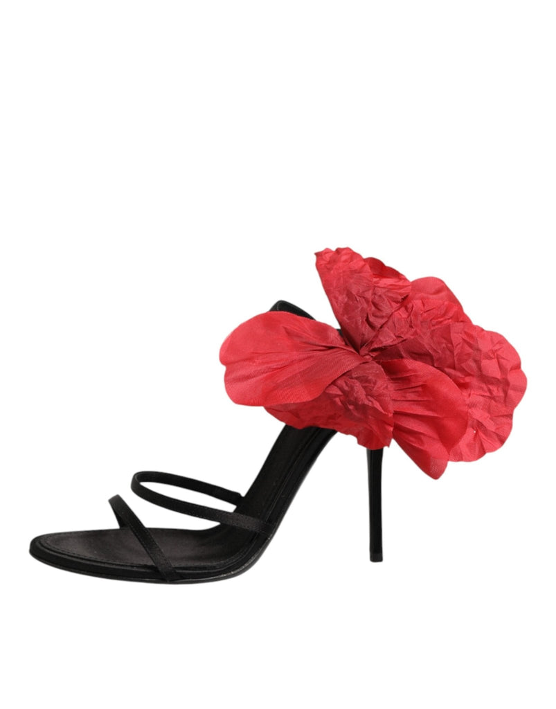 Dolce & Gabbana Black Leather Strappy Flower Heels Sandals Shoes - Beyzy Store - Dolce & Gabbana