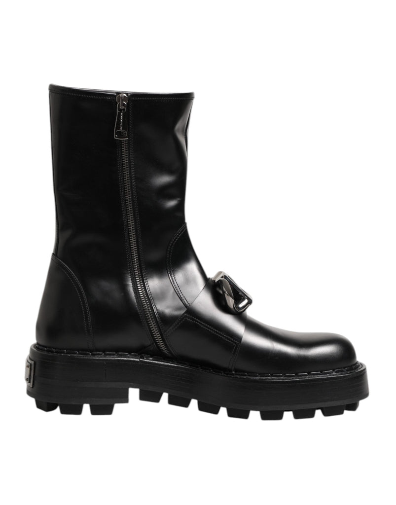 Dolce & Gabbana Black Logo Plaque Mid Calf Biker Boots Shoes - Beyzy Store - Dolce & Gabbana
