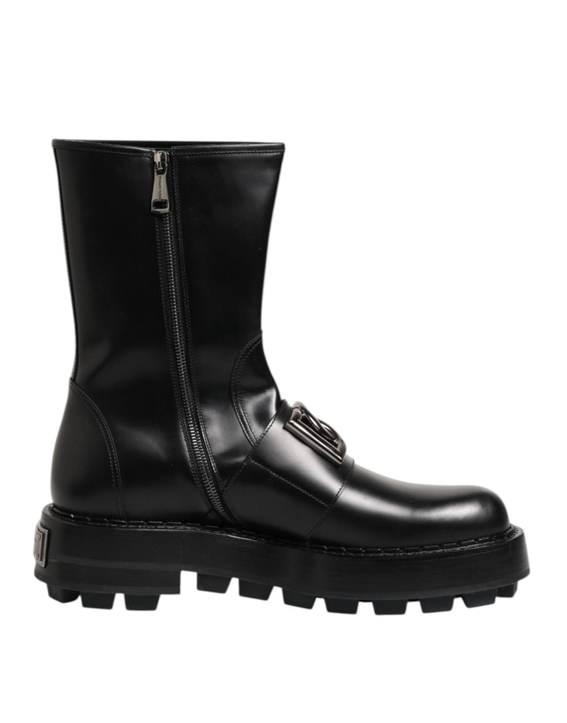 Dolce & Gabbana Black Logo Plaque Mid Calf Biker Boots Shoes - Beyzy Store - Dolce & Gabbana