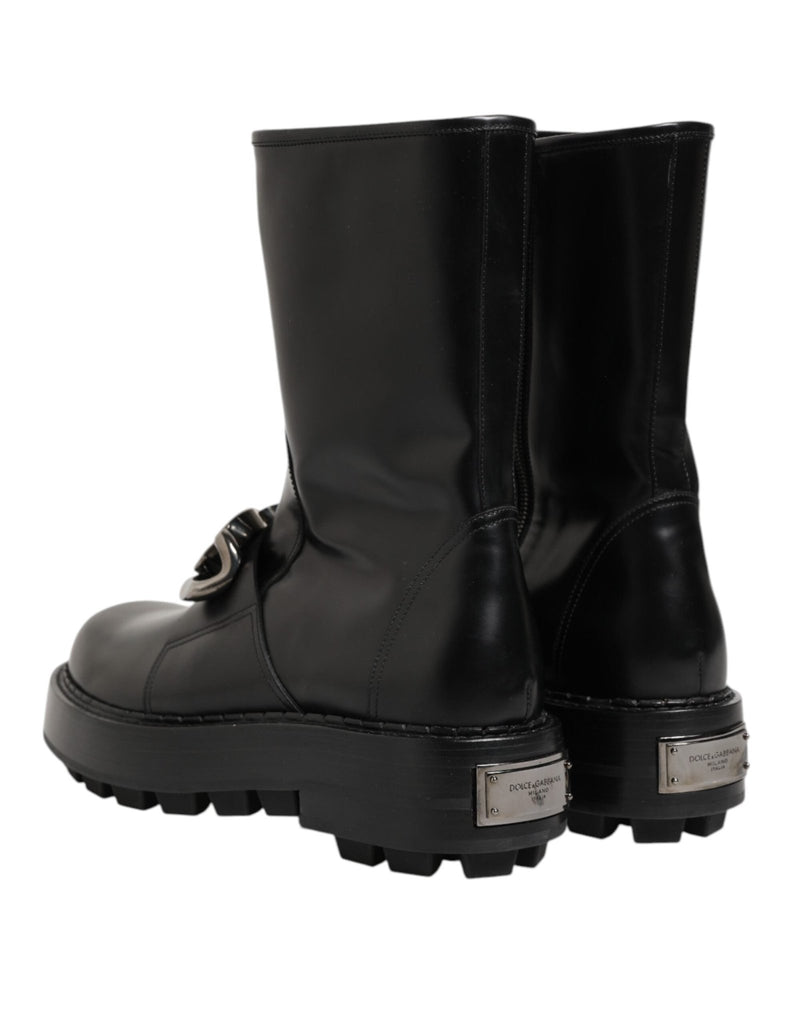 Dolce & Gabbana Black Logo Plaque Mid Calf Biker Boots Shoes - Beyzy Store - Dolce & Gabbana
