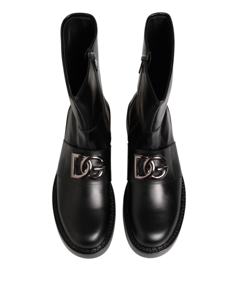 Dolce & Gabbana Black Logo Plaque Mid Calf Biker Boots Shoes - Beyzy Store - Dolce & Gabbana
